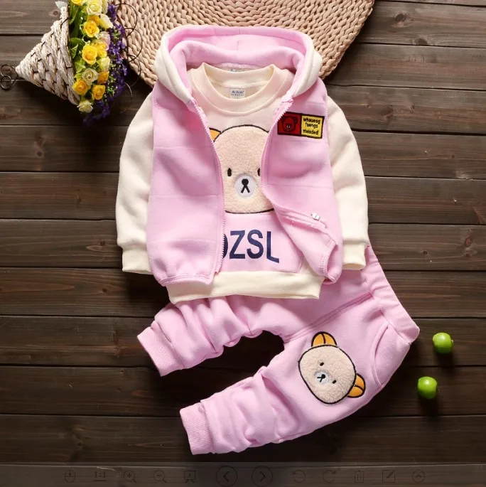 Комплект зимней одежды для малышей, флисовые От 1 до 3 лет с длинными рукавами, топы для мальчиков с рисунком медведя+ жилет+ бархатные штаны, плотные теплые костюмы из 3 предметов, одежда для детей - Цвет: Pink