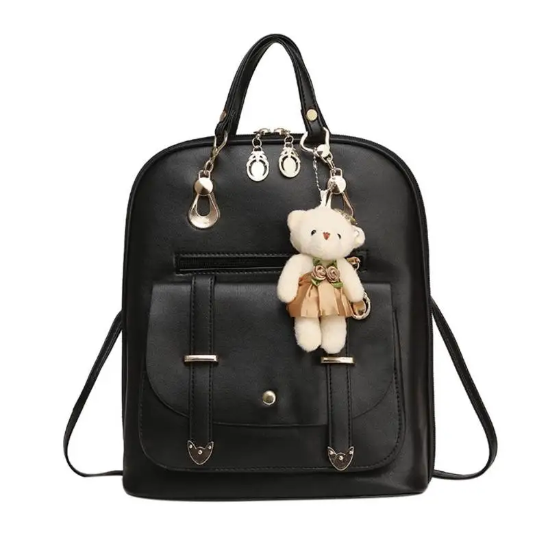 Модный женский рюкзак с подвеской в виде медведя, студенческий рюкзак в консервативном стиле, дорожные сумки, рюкзак из искусственной кожи, 8 цветов - Цвет: Черный