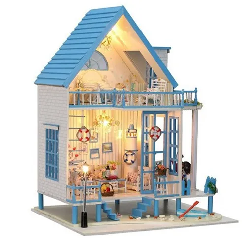 

DIY Mediterranean X-mas Gift Wooden Style Dollhouse With LED Furniture Kit Doll