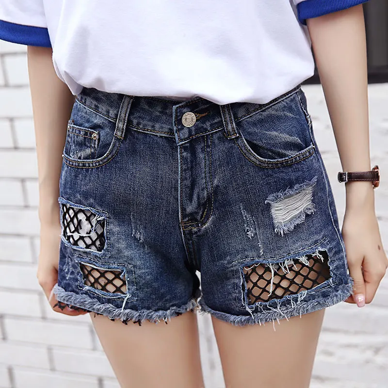 2018 High Waist Hole Denim Shorts Women Mesh Stitching Summer Worn Burr