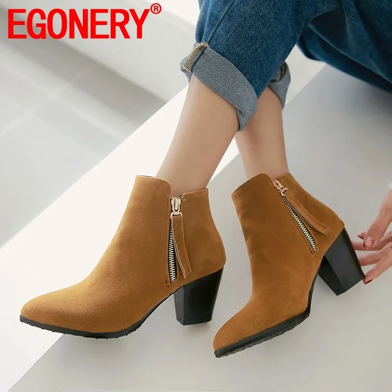 

EGONERY women shoes 2019 winter new concise flock pointed toe ankle boots outside high heels zip plus size shoes drop shipping