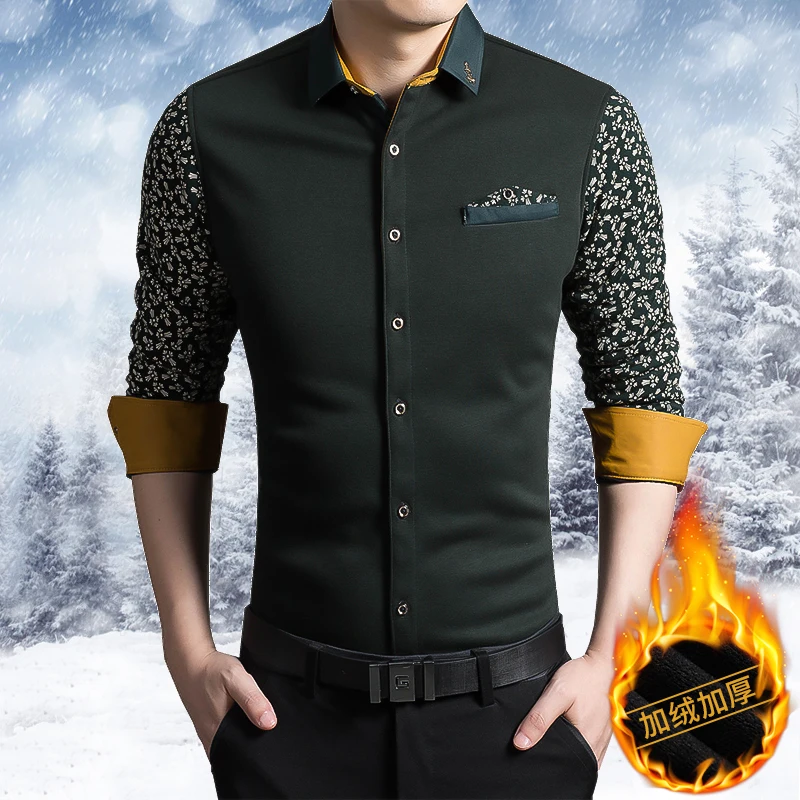 Autumn Winter New British Fashion Korean Male Plush Warm Shirts Printed Busimess Casual Flower Sleeve Long Sleeve shirt