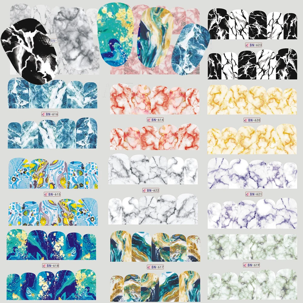 

12 Designs Nail Stickers Gradient Marble Pattern Water Transfer Nail Art Stickers Decals Full Wraps Manicure Decor LABN613-624