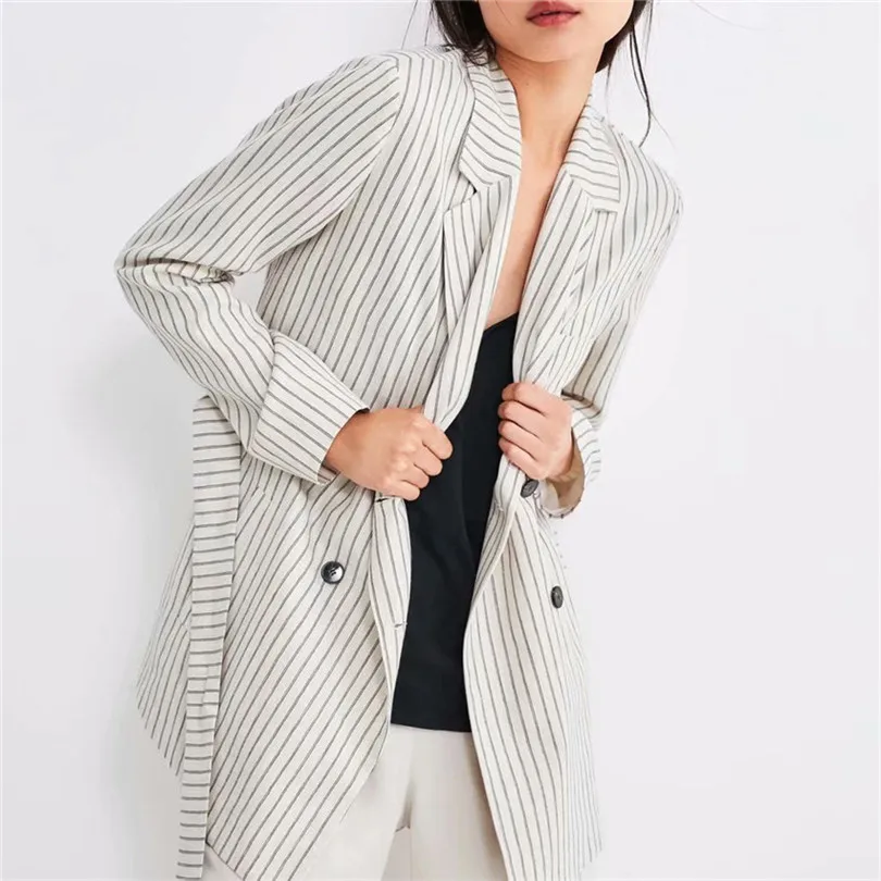 

2019 New Striped print blazers jacket coat Women double breasted button belt ladies coat Long sleeve outwear blazer coat