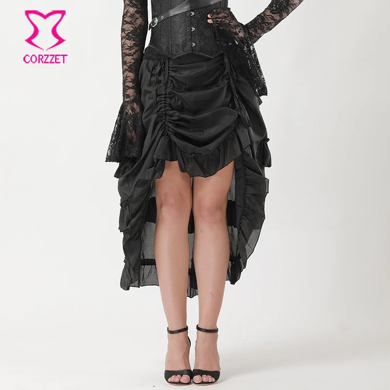 6XL Plus Size Black Ruffles Chiffon Gothic Skirt Midi Victorian Steampunk Skirt Sexy High Low