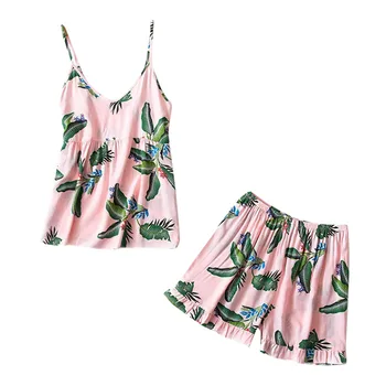 

Womens Sexy Sleepwear Casual Cotton Blend Print Floral V-Neck Ruffle Pleated Sling Pajama Sets Conjunto de pijama de pijama #E