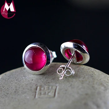 

Simple Round Red Jade Earrings For Women Girl 100% Genuine 925 Sterling Silver Earrings Mother Gift Fashion Female Jewelry SE109