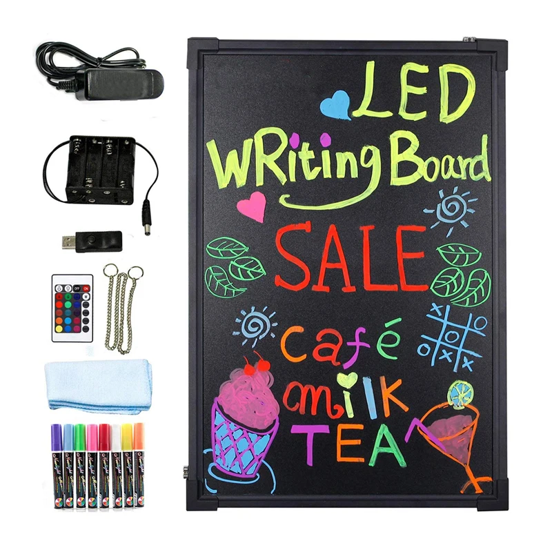 

LED Message Writing Board 16'' x 12" Illuminated Erasable Neon Effect Restaurant Menu Sign with 8 colors Markers 7 Colors Flash