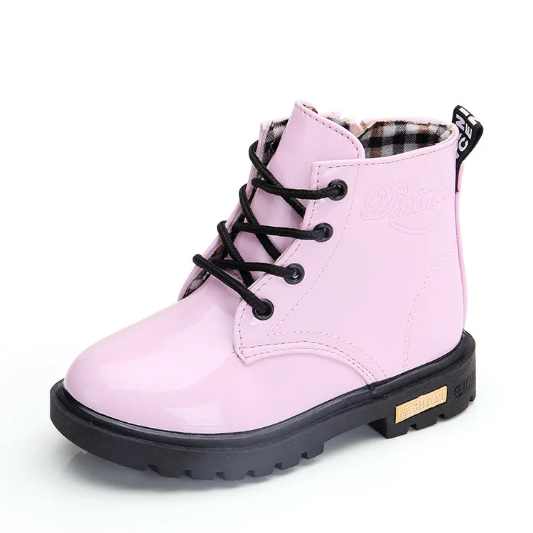 Новинка; сезон весна-осень; Модные Черные Короткие Водонепроницаемые низкие ботинки Martin для детей; кожаные ботинки для мальчиков и девочек - Цвет: pink