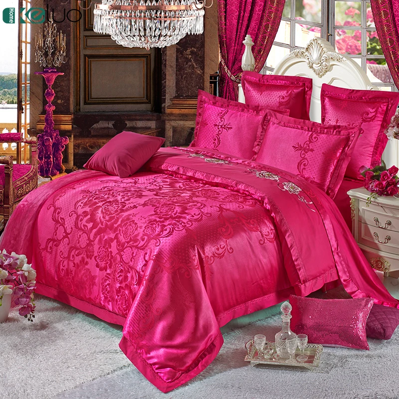 

KELUO Wedding Chinese Rose red Luxury Satin Jacquard Bedding sets Embroidery Queen King size Duvet cover Bed sheet Pillow Sham