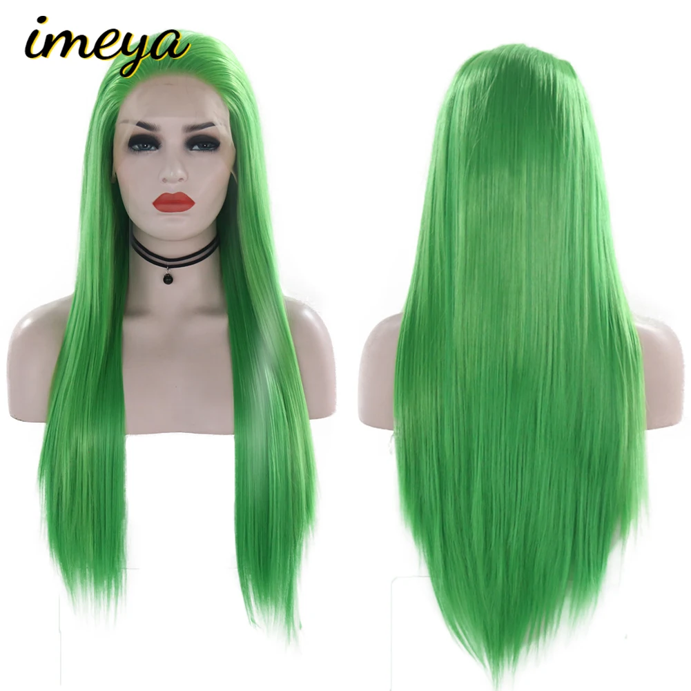 Imeya Long Silky Straight Lace Front Wigs Heat Resistant Half Hand Tied Synthetic Green Hair Cosplay Wigs For Women