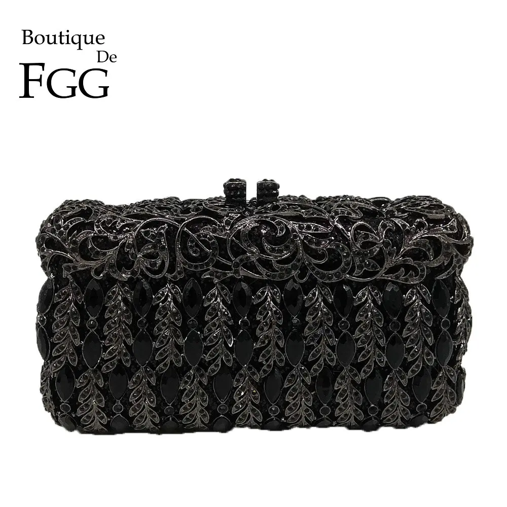 Boutique De FGG элегантный черный кристалл для женщин вечерняя сумочка клатч жесткий чехол Minaudiere Свадебная вечеринка сумки кошельки металлические клатчи