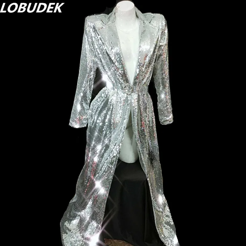 

Silver Sequins Long Coat Women Stage Wear Nightclub Female Singer Host Concert Performance Costume DJ Show Dancer Sequined Cloak