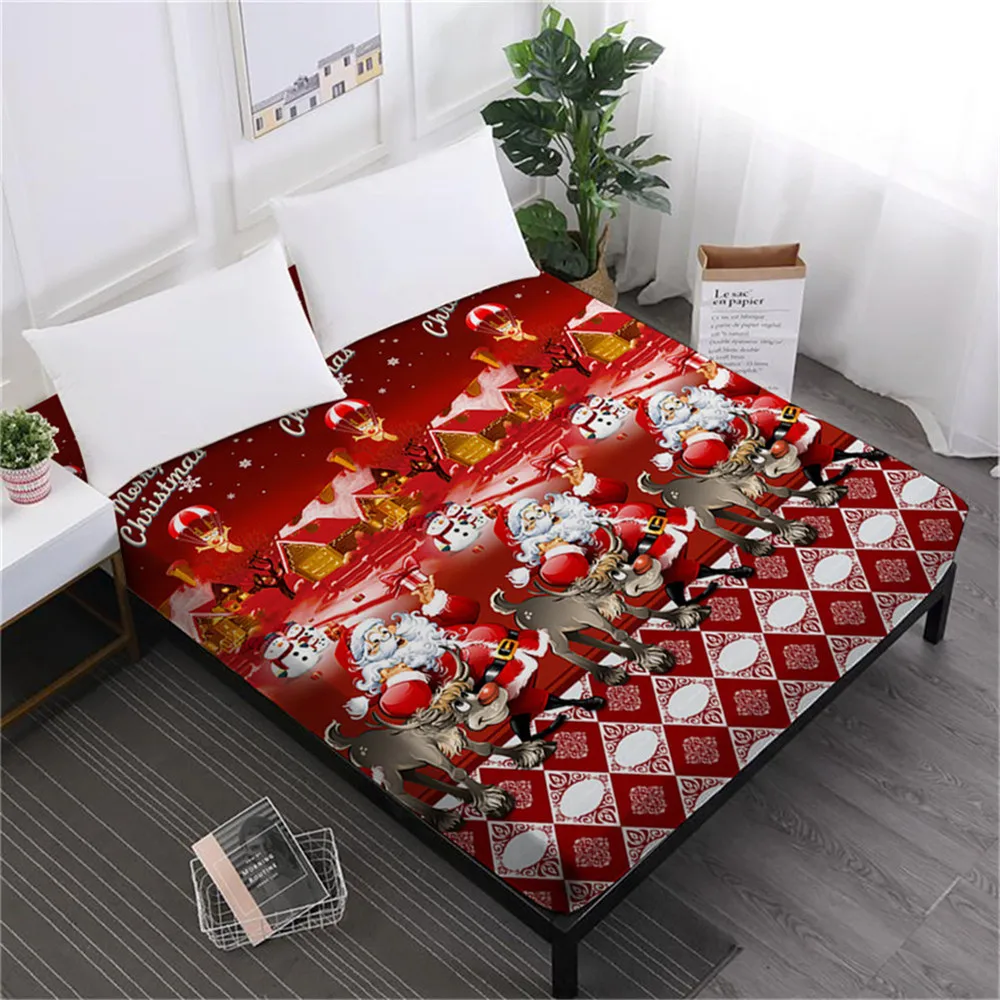  Home Textile Green Christmas Bed Sheet Cute Santa Claus Print Fitted Sheet Cartoon Festival Bedclot
