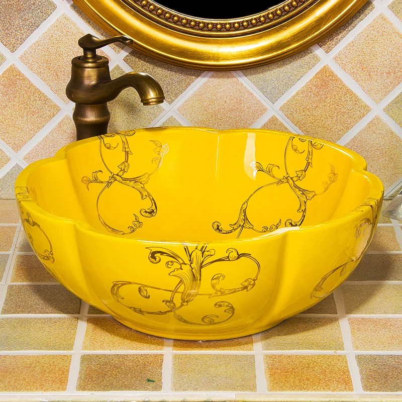 Round Flower shape Bathroom Lavabo Ceramic Counter Top Wash Basin Cloakroom Hand Painted Vessel Sink coloured bathroom basins (1)