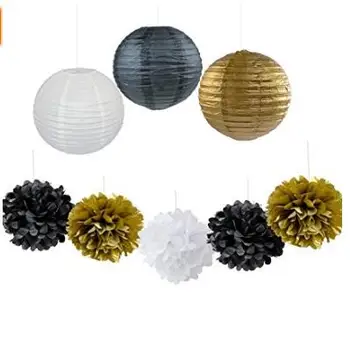 

9PCS Black Gold White Decorative Party Paper Pack Hanging Paper Ball Lantern Pompoms Wedding Flower Centerpieces Party Decor