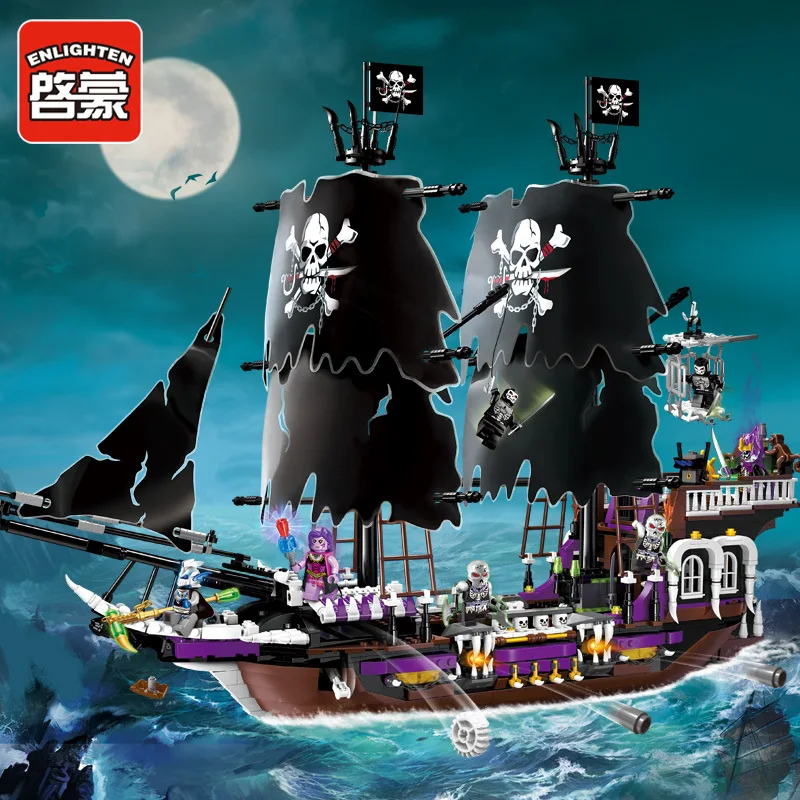 Enlighten 1313 Pirates Caribbean Black General Corsair Boat Skeleton Flag Minifigure Building Block Toys Compatible with