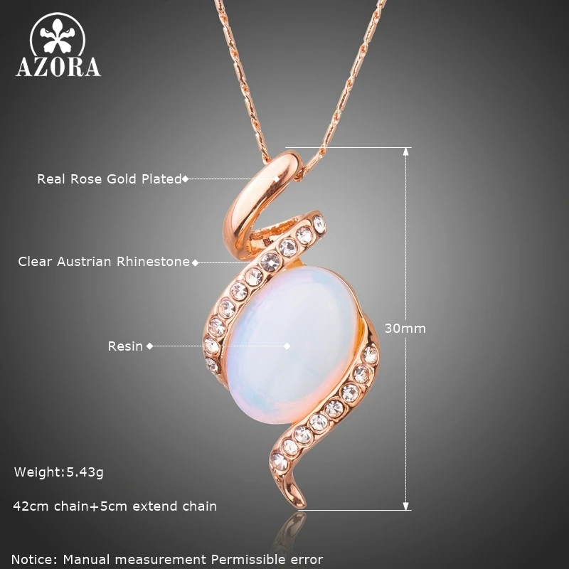 AZORA Luxury Charming Rose Gold Color Snake Shape Crystals Necklace for Women Oval Resin Pendant Necklace Party Jewellery TN0224