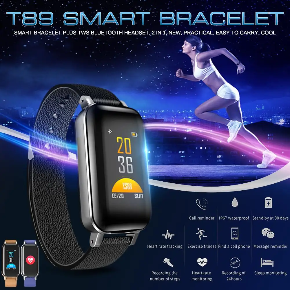 

T89 2-in-1 Smart Bracelet Fitness Tracker TWS Bluetooth5.0 Earphone Blood Pressure Monitoring IP67 Waterproof Sports Wristband