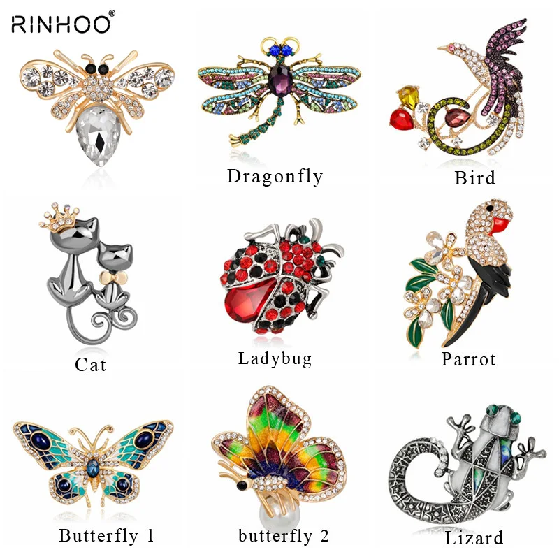 

2018 Natural animals Brooch pins Bee Dragonfly Butterfly ladybug Parrot Bird Cat lizard Brooches For women Crystal Brooch