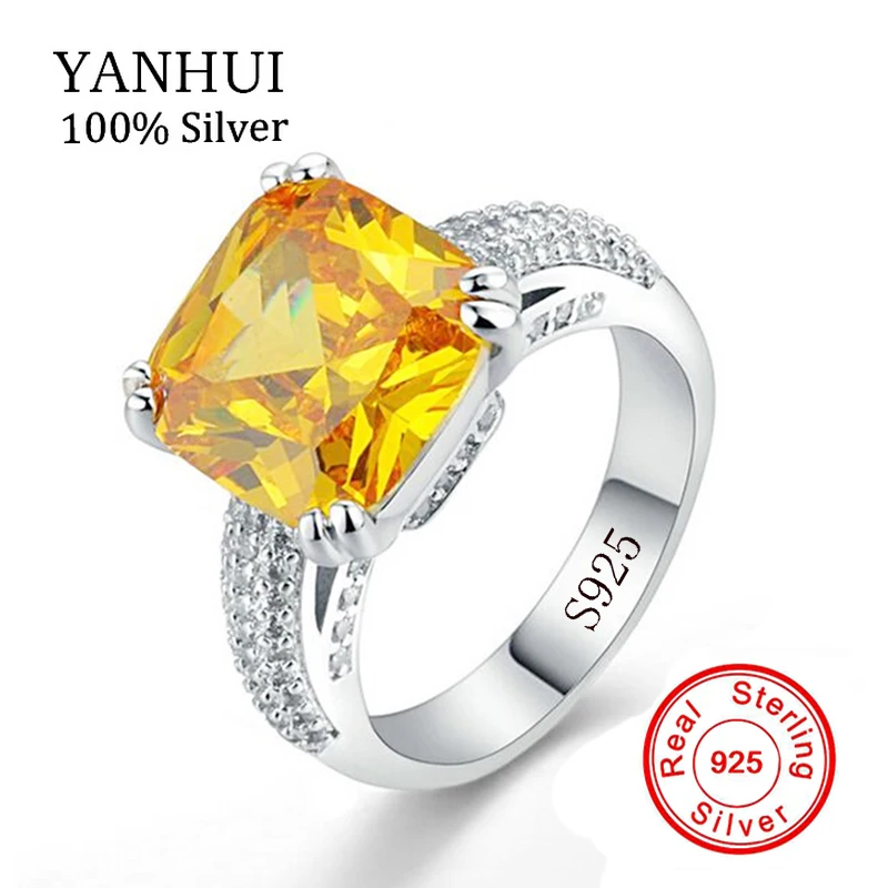 

YANHUI 100% Original Solid 925 Silver Rings Jewelry Big Yellow 10mm 5 Carat SONA CZ Cubic Stone Wedding Rings For Women LR178