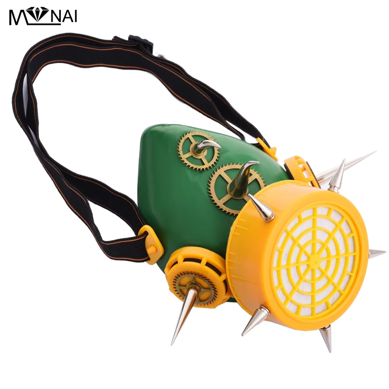 

Silver Rivets Steampunk Yellow/Green Mask Gears & Spikes Gas Mask Respirator Cosplay Punk Gothic Masks For Party Face Mask