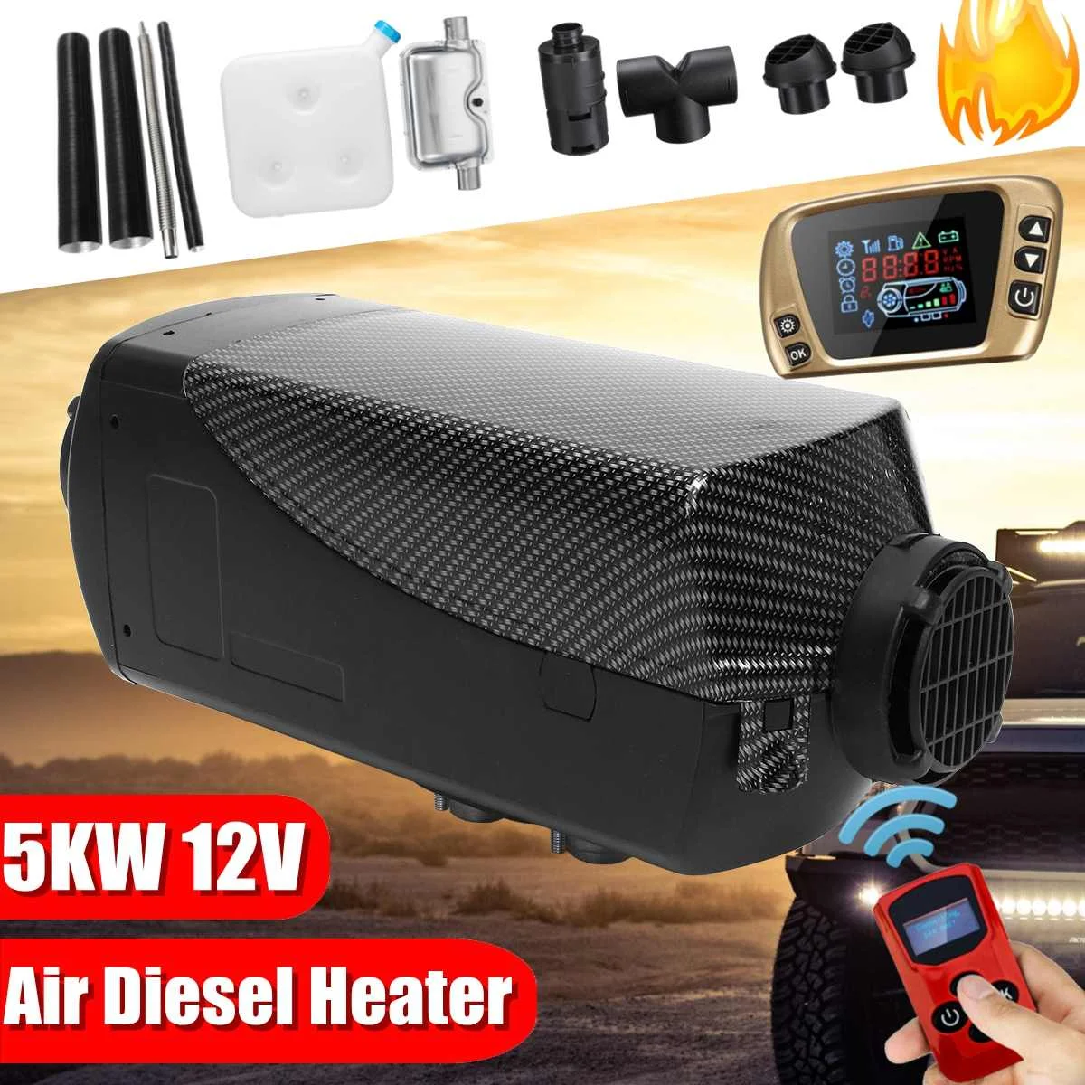 

HCalory 5KW 12V Diesels Air Parking Heater Air Heating LCD Switch with Silencer and Remote Control For Boats Car Trailer Heater