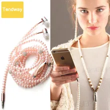 สีชมพูสาวRhinestoneเครื่องประดับสร้อยคอมุกหูฟังพร้อมไมโครโฟนหูฟังสำหรับIp Hone Xiaomi B Rithdayของขวัญโฟนเดอouvido