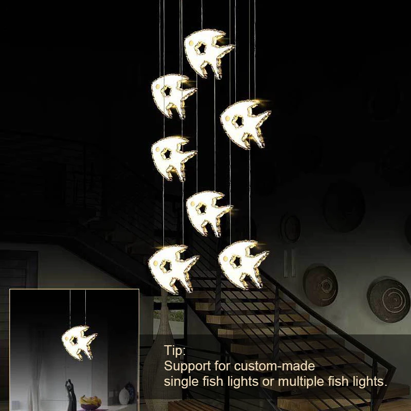 

Simple Modern Remote Control Restaurant Crystal Stainless Steel Fish Shaped Bar Counter LED Pendant Light Creative Lamps