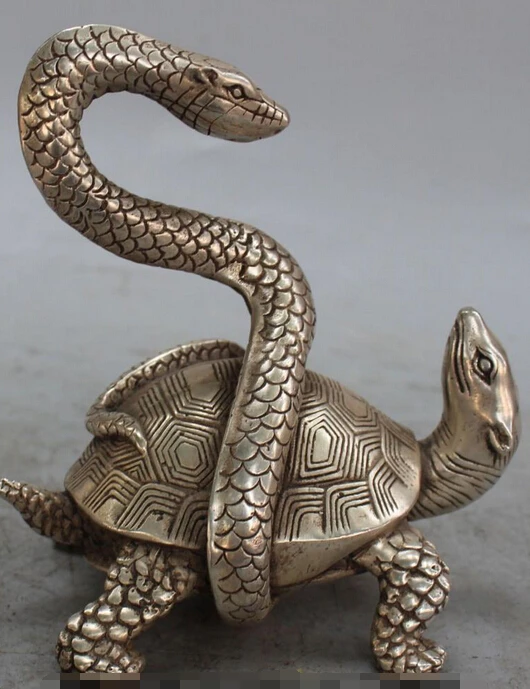 

6" Chinese China Silver Fengshui Taoists God Beast Dragon tortoise Snake Statue S0708 Discount 35%
