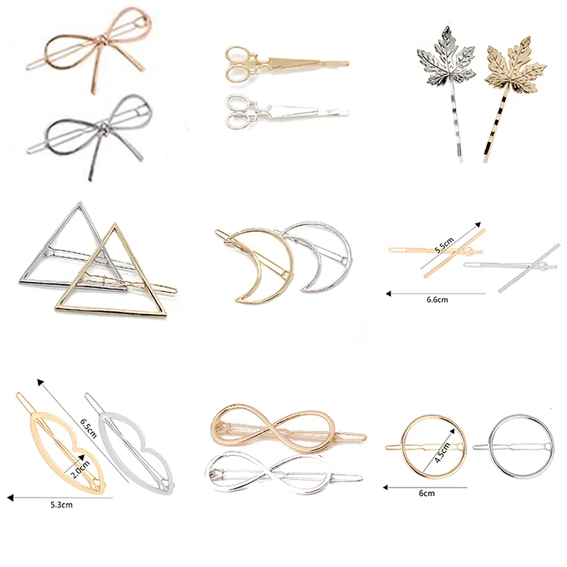 

Silver Gold Metal Punk Triangle Moon Hairpins Scissors Bow Hair Barrette Lip Round Leaf Hair Clip For Women Accessories Jewelry