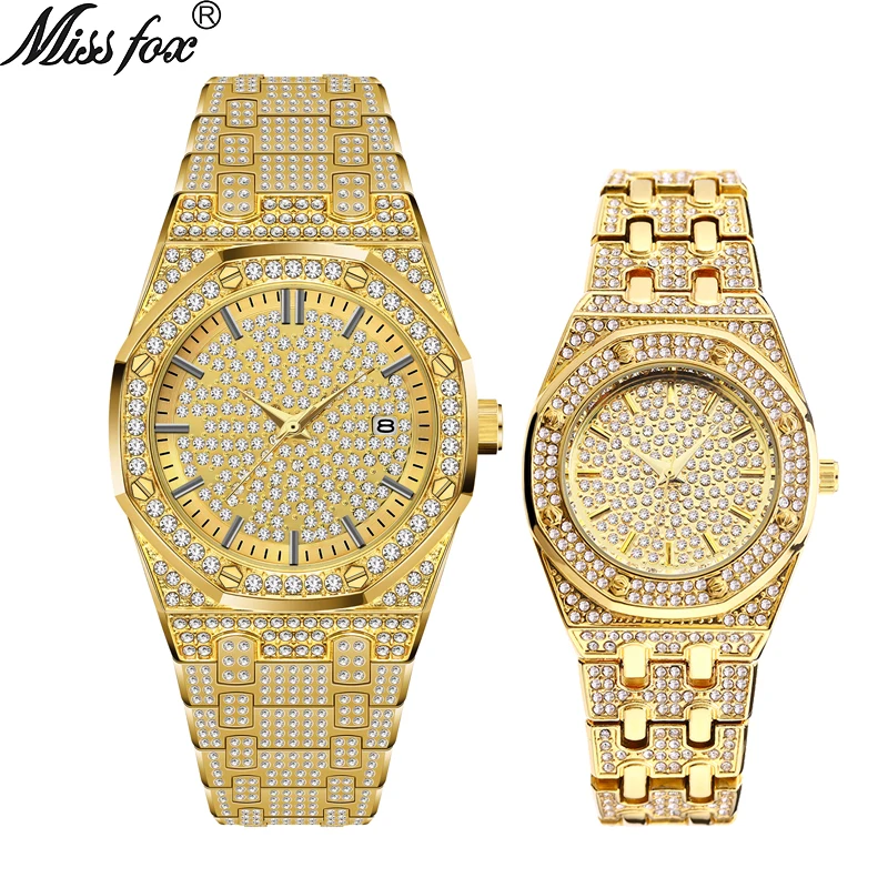 Cut Rate Watch-Set Iced-Out Waterproof Lover's Luxury Brand MISSFOX Gold 18K Analog Quartz Lab Wl9BNLpA