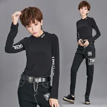 Американский стиль Осень Весна Женская мода Тонкий o-образный вырез длинный рукав с буквенным принтом черные женские эластичные Топы