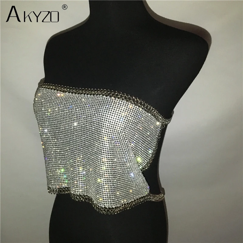 AKYZO Women Backless Luxury Rhinestone Camis Crop Top Fashion Chunky Metal Chain Diamond Hollow Out Plunge Halter Tank Tops