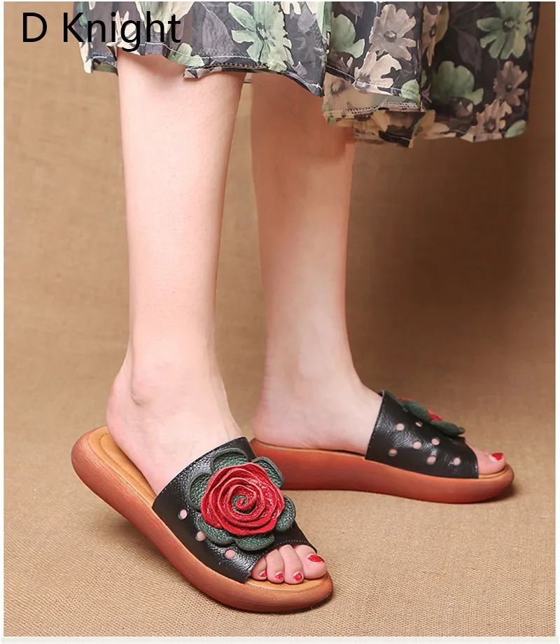 Big Size Flower Woman Beach Flip Flops Summer Sandals Slip- Resistant Slippers Platform Sandal Genuine Leather Slides Size 35-40 (6)