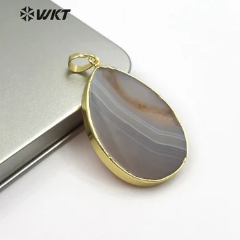 

WT-P1434 Natural Grey Stripe Agates Jewelry Teardrop Shape Pendant With Gold Bezel For Women Elegant Necklace Pendant Boho Gift