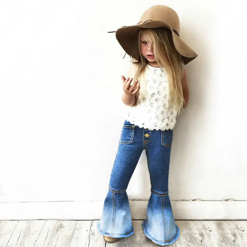 

2018 Spring Children Kids Girls Jeans Pants Bell Bottom Elastic Waist Wide Legging Trousers Baby Girl Party Antique Soild Jeans