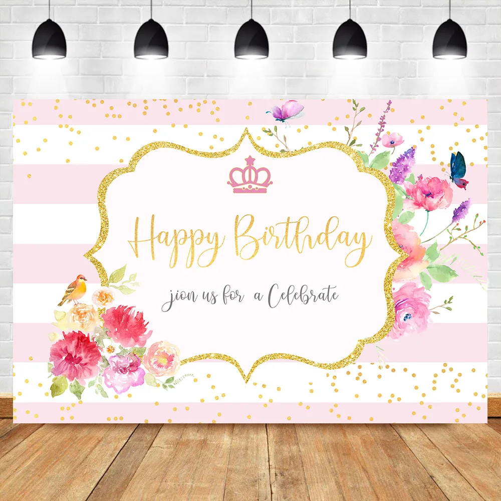 

Neoback Watercolor Flower Birthday Party Photo Background Pink White Stripe Gold Border Photography Backdrops Studio Shoots