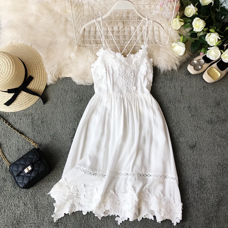 

Women Beach Sexy Lace White Halter Summer V Neck Sleeveless Elegant Dress Lady Casual Vestidos G673