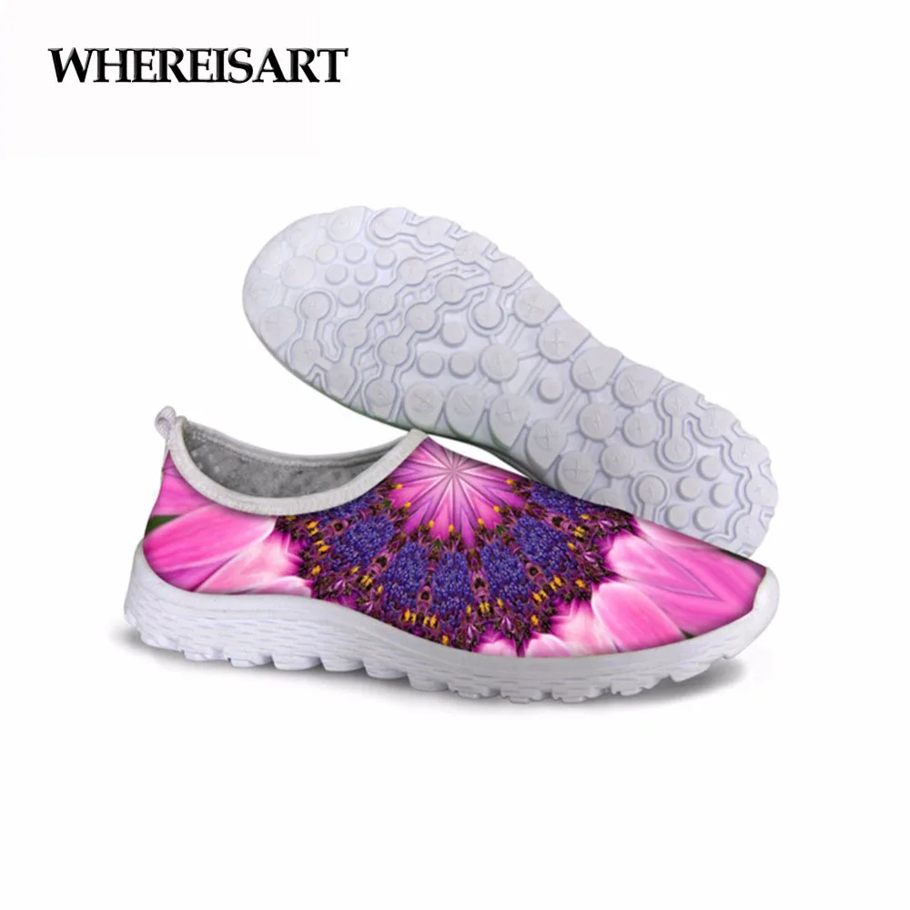 

WHEREISART Brand Women Shoes Air Mesh 2019 Summer Loafers Flower Printing Pink Female Walking Flats Casual Light Ladies Sneakers