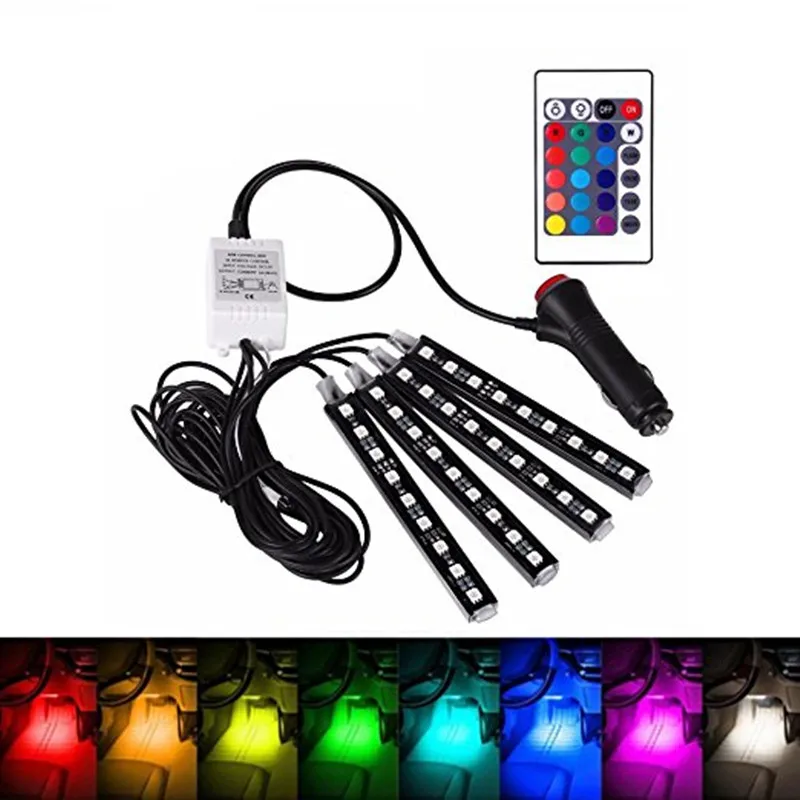Kopen 4 stks Auto RGB LED DRL Strip Licht LED Strip Verlichting Kleuren Auto Interieur Decoratieve Sfeer Lamp Met Afstandsbediening auto Styling