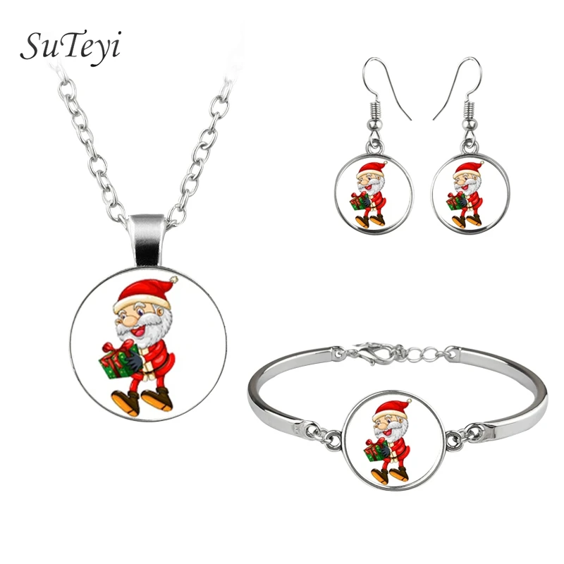 SUTEYI, Новое поступление, милый Новогодний комплект украшений с Санта Клаусом и оленем, ожерелье со стеклянным куполом, браслет, серьги для девочек, подарки
