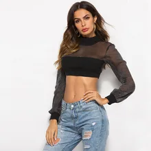 Классическая водолазка футболка Для женщин Топ с длинным рукавом эластичной черной сетки сращивания See Through пикантные Клубные вечерние Для женщин кружева футболка