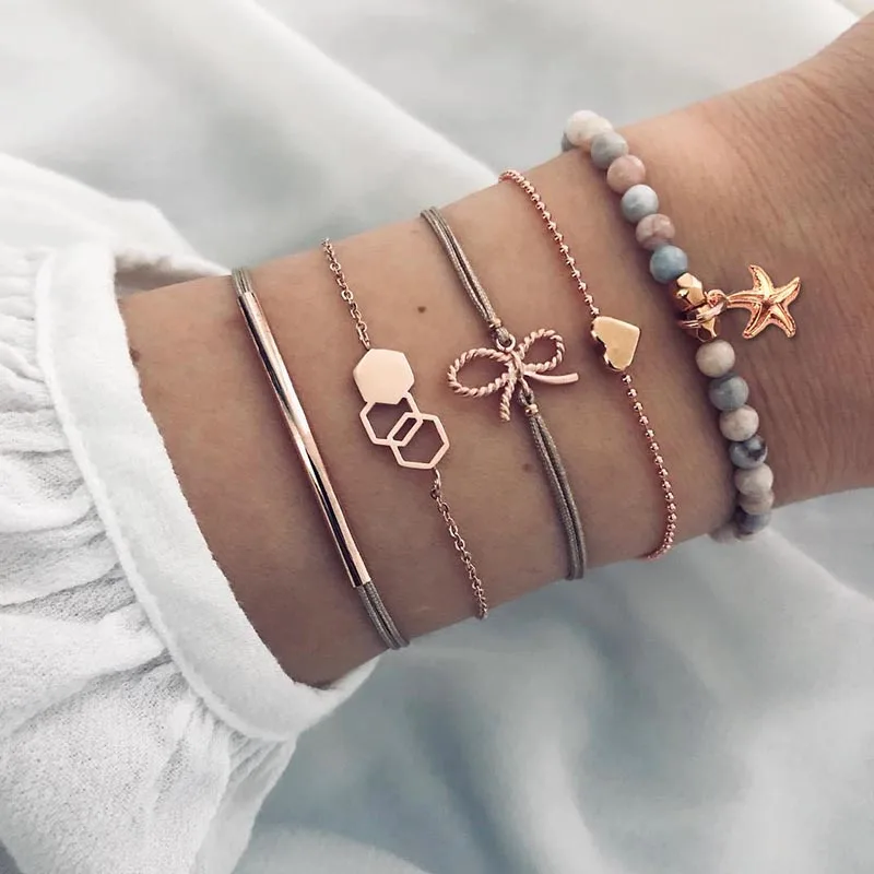 

5 Pcs/Set Starfish Charm Bracelets Bangles for Women Love Heart Bowknot Hexagon Bracelet Jewelry Fashion Bracelets Woman 2019