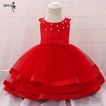 

Bow Girl Dress For Wedding Baby 1-2Years Birthday Outfits Children's Girls Communion Nail bead Dresses Kids Tulle Party Vestidos