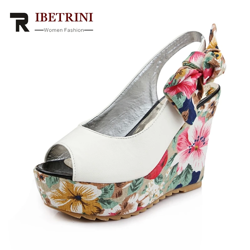 

RIBETRINI 2018 dropship bohemia style printing summer woman shoes sandal wedges high heels platform women shoes sandals