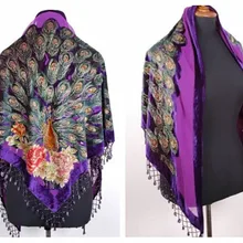 Фиолетовые китайские Женские Треугольные бархатные шелковые вышитые бисером шаль шарф обертывание шарфы Peafowl WS005-D