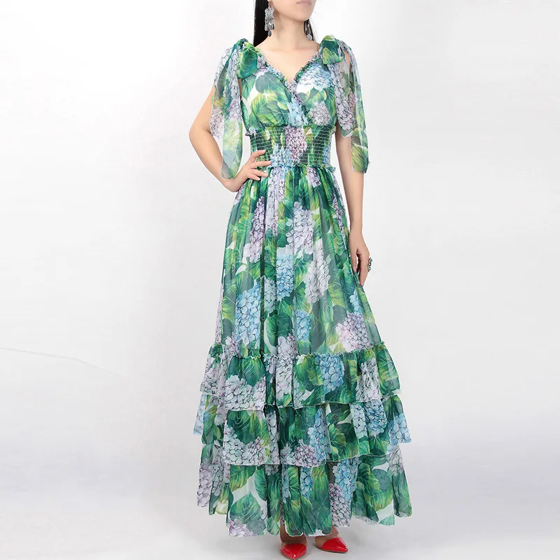 CAMIA Summer Green Layered Floral Print Dress V