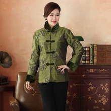 Новинка зимы распродажа, темный зеленый пальто Для женщин атласная хлопковая стеганая куртка элегантный в китайском стиле Костюмы принт Размеры S-XXL PF029