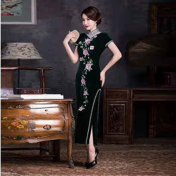 

Velvet Modern Qipao Embroider Dress Women Blue Cheongsam Chinese Traditional Oriental Evening Gown Robe Chinoise Long Qi Pao